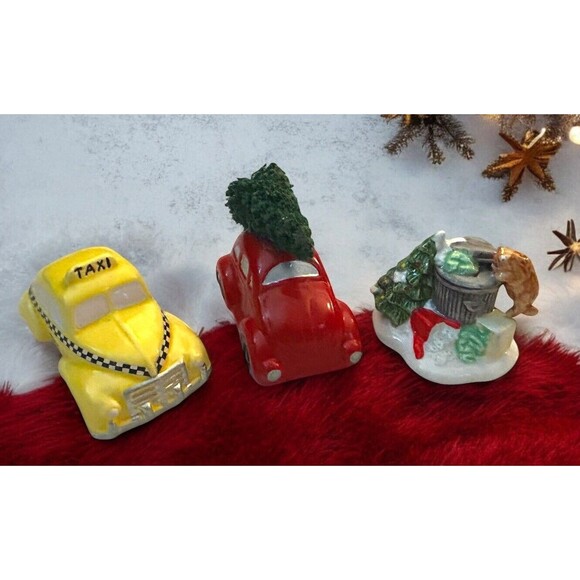 Dept 56 Lot The Original Snow Village Cat, VW Bug Car With Tree, & Yellow Taxi - Picture 1 of 9